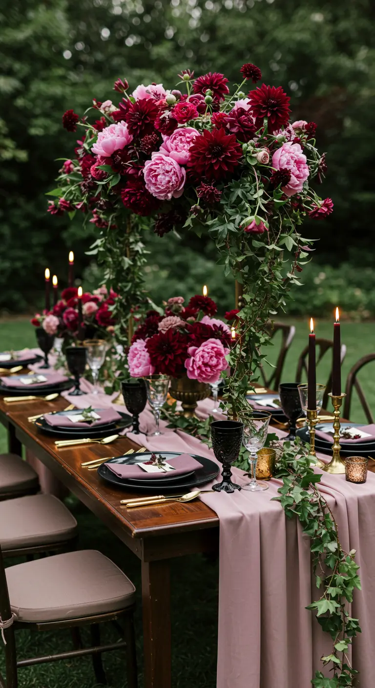 Moody garden table with a mauve runner, black candles, and a dramatic jewel-toned floral arrangement.
