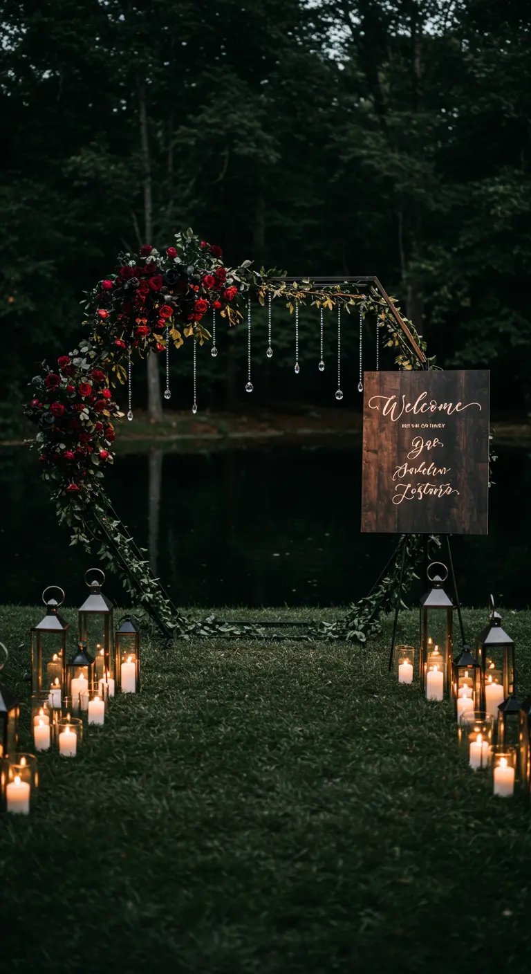 A moody hexagonal wedding arch with red roses and hanging crystals by a lake.