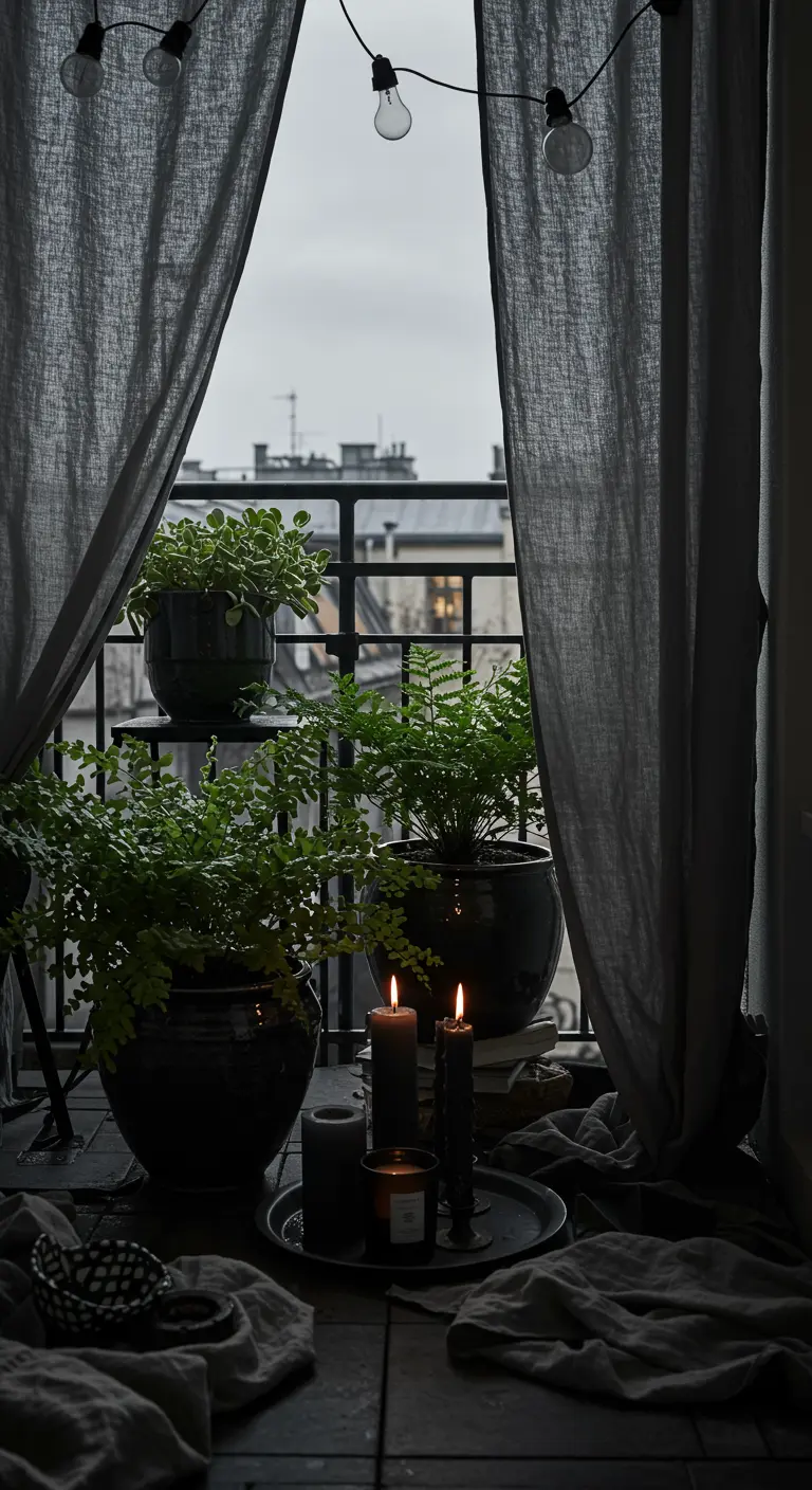 Moody balcony with dark grey curtains, black planters, and black candles.