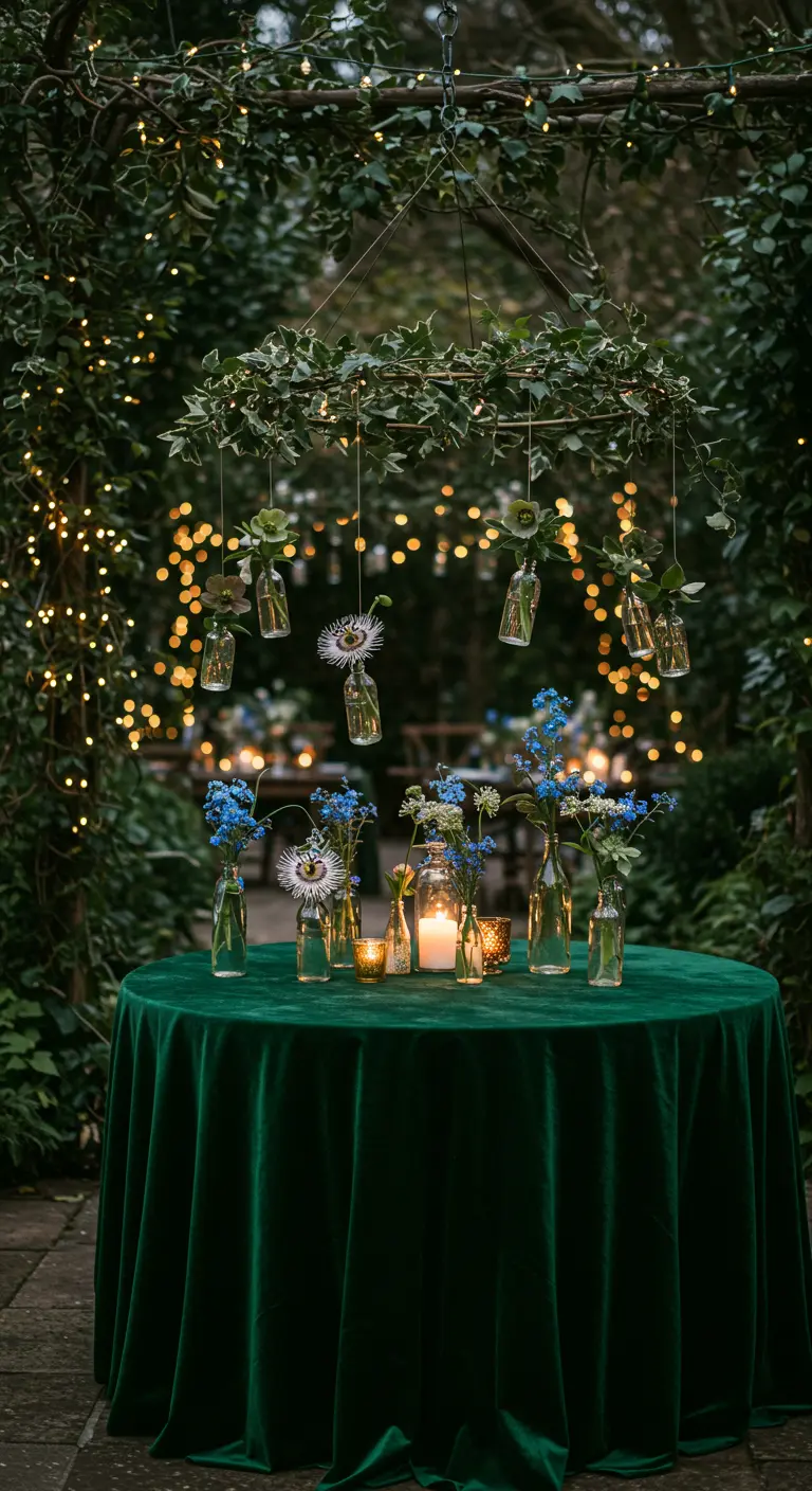 A sweetheart table with a green velvet cloth under a hanging wreath with bottle vases.
