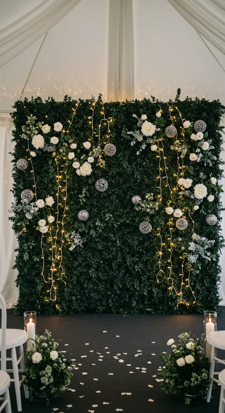 A dark green hedge wall decorated with white peonies and vertical strands of fairy lights.