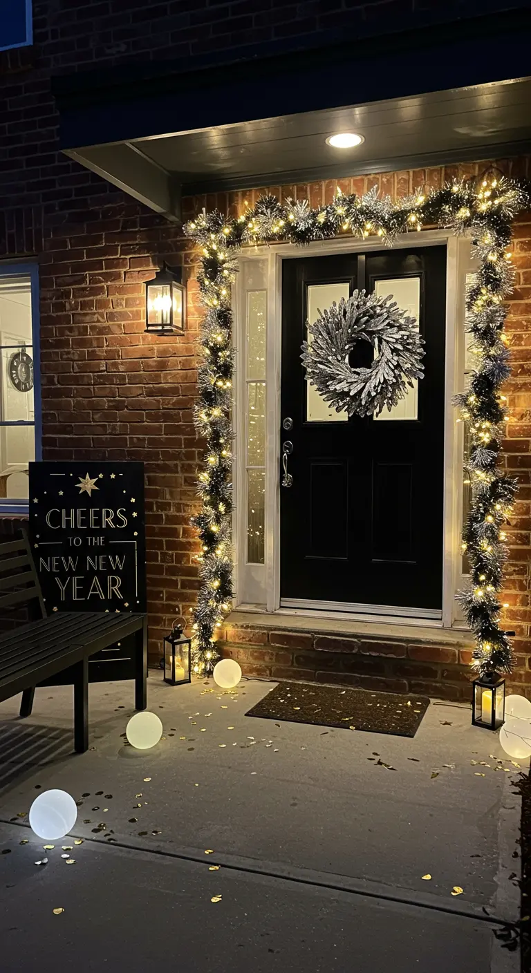 New Year's Eve porch with glowing garland, orbs, and a