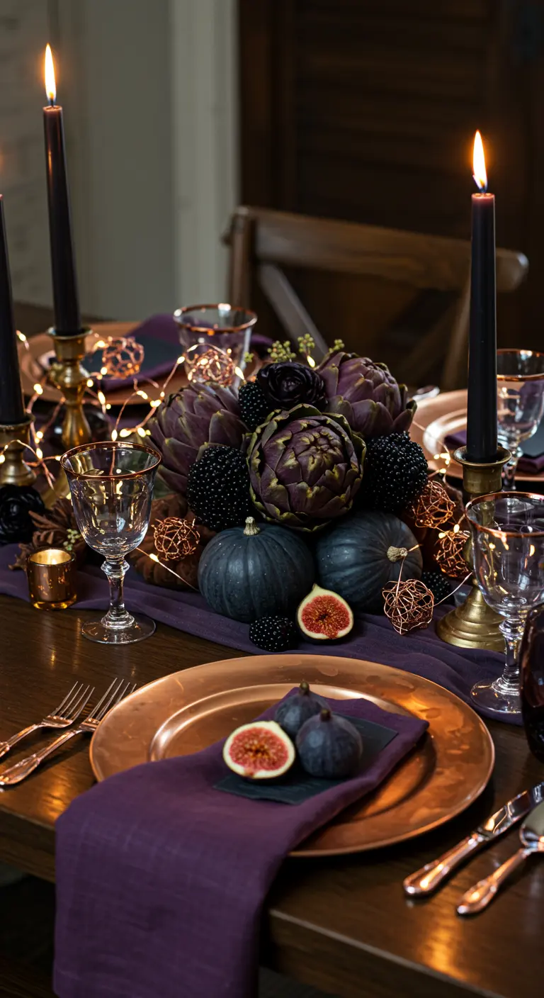 A moody Thanksgiving table in purple and black, with figs, artichokes, and copper wire lights.