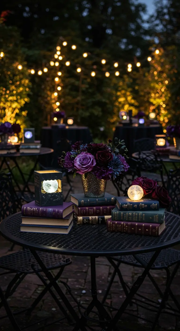 A nighttime garden party table with purple flowers, book stacks, and glowing moon orbs.