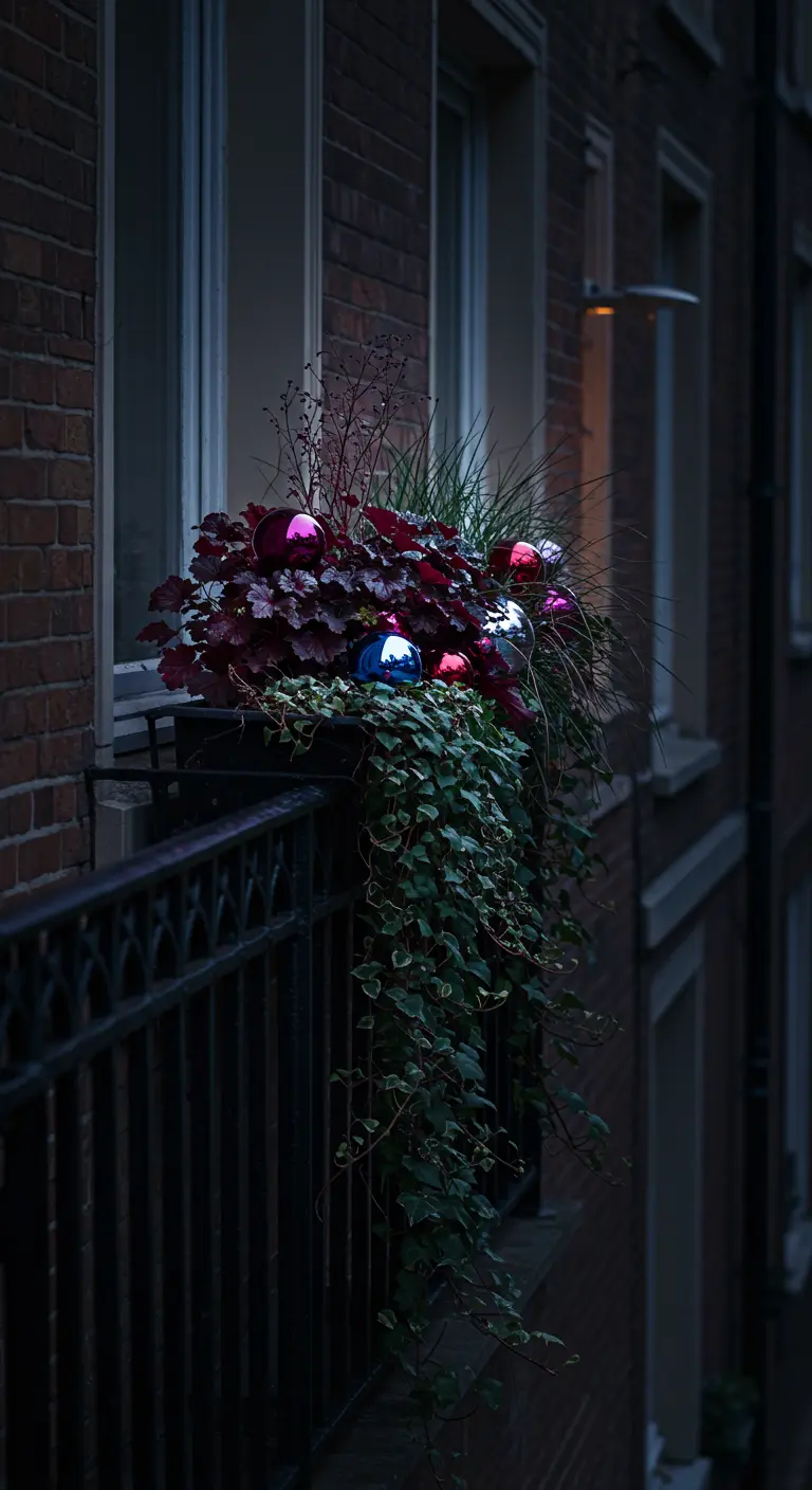 A dark window box at night with deep red foliage and shimmering jewel-toned baubles.