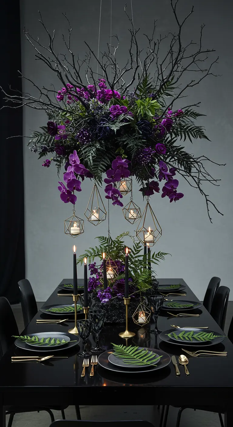 Dramatic tablescape with a black branch and purple orchid chandelier.