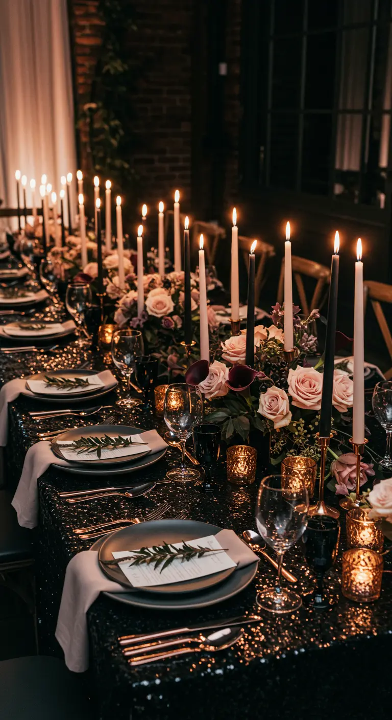 Long dinner table with black sequin tablecloth, tall black candles, and blush rose centerpieces.