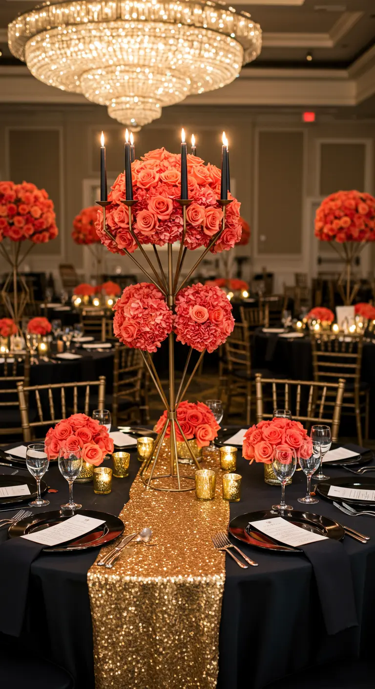 Glamorous black and gold table with a sequin runner and towering coral rose centerpiece.