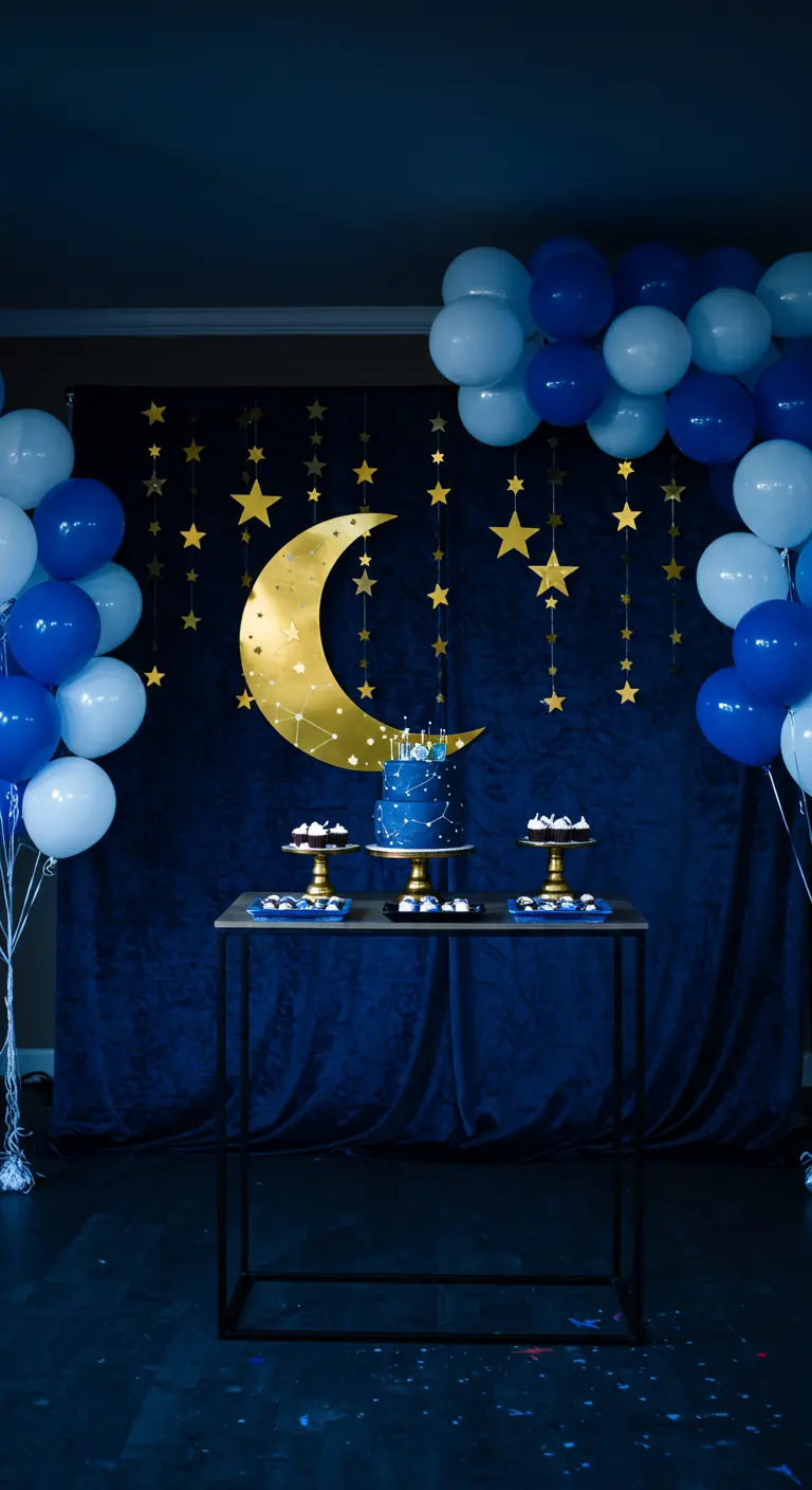 Blue and white balloon garland frames a gold moon on a navy velvet backdrop.