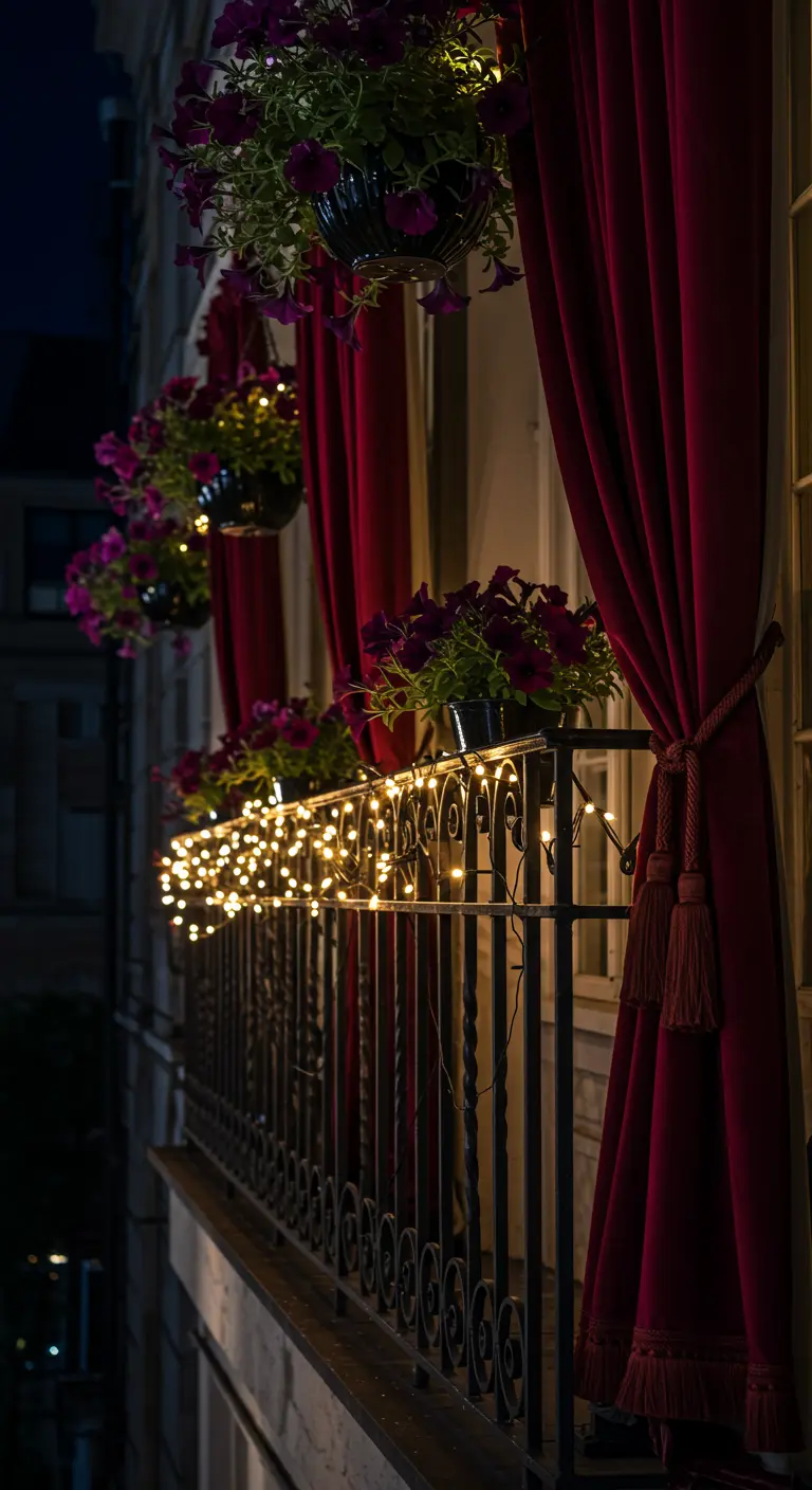 Balcony at night with dramatic red velvet curtains, hanging planters, and fairy lights.