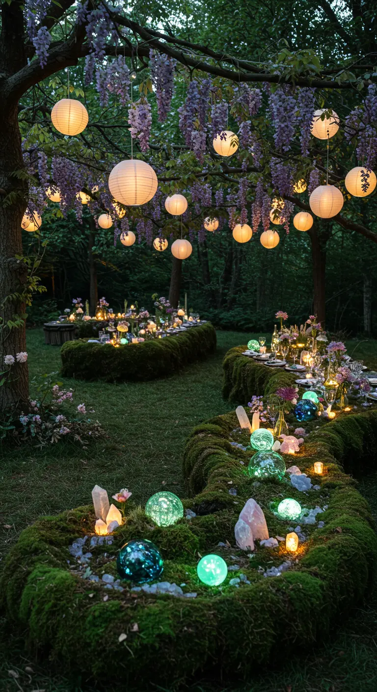 Outdoor night party with winding moss tables, glowing orbs, and paper lanterns in the trees.