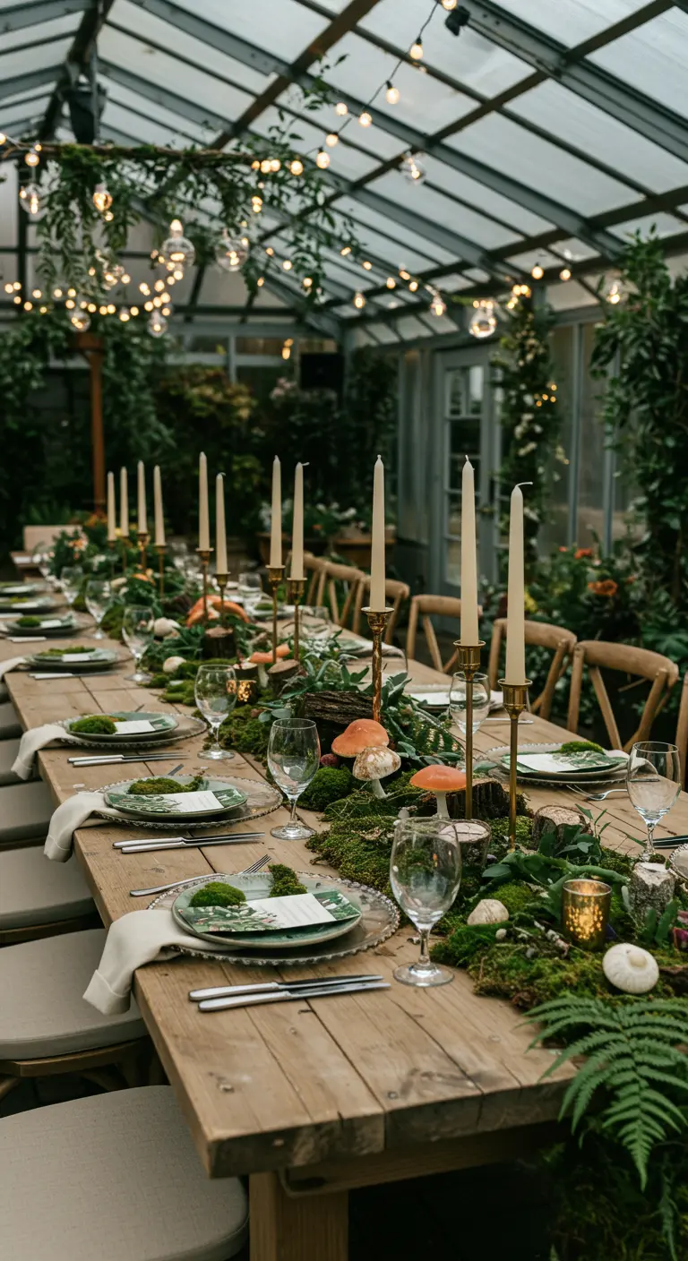 Rustic wooden table with a moss runner, taper candles, and whimsical mushroom details.
