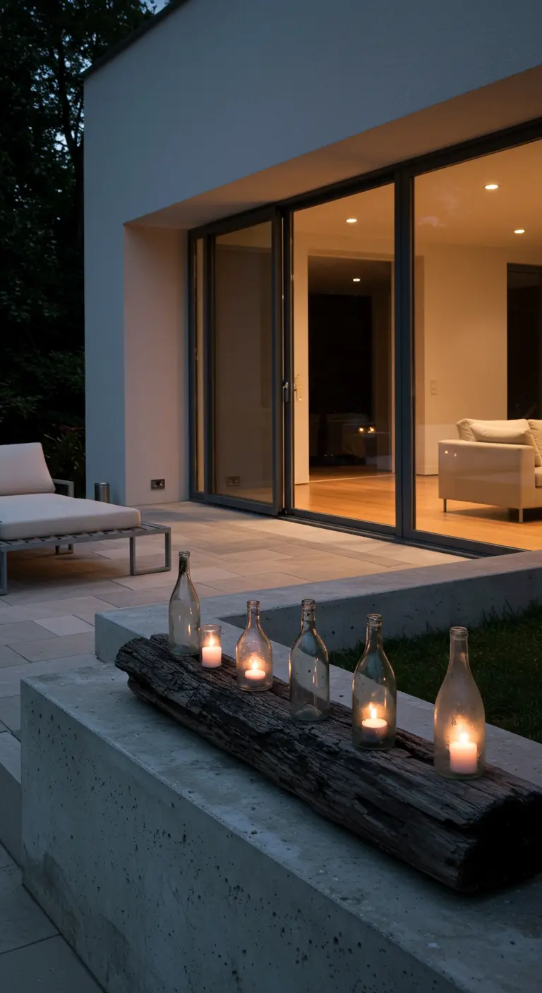Driftwood log with clear wine bottle candle holders on a modern concrete patio wall.