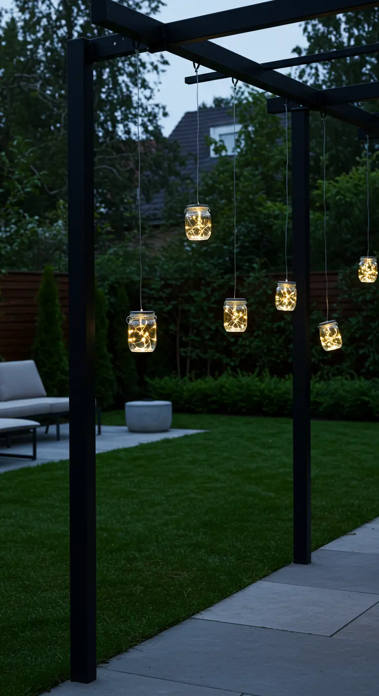 Modern black pergola with hanging solar jars over a green lawn.
