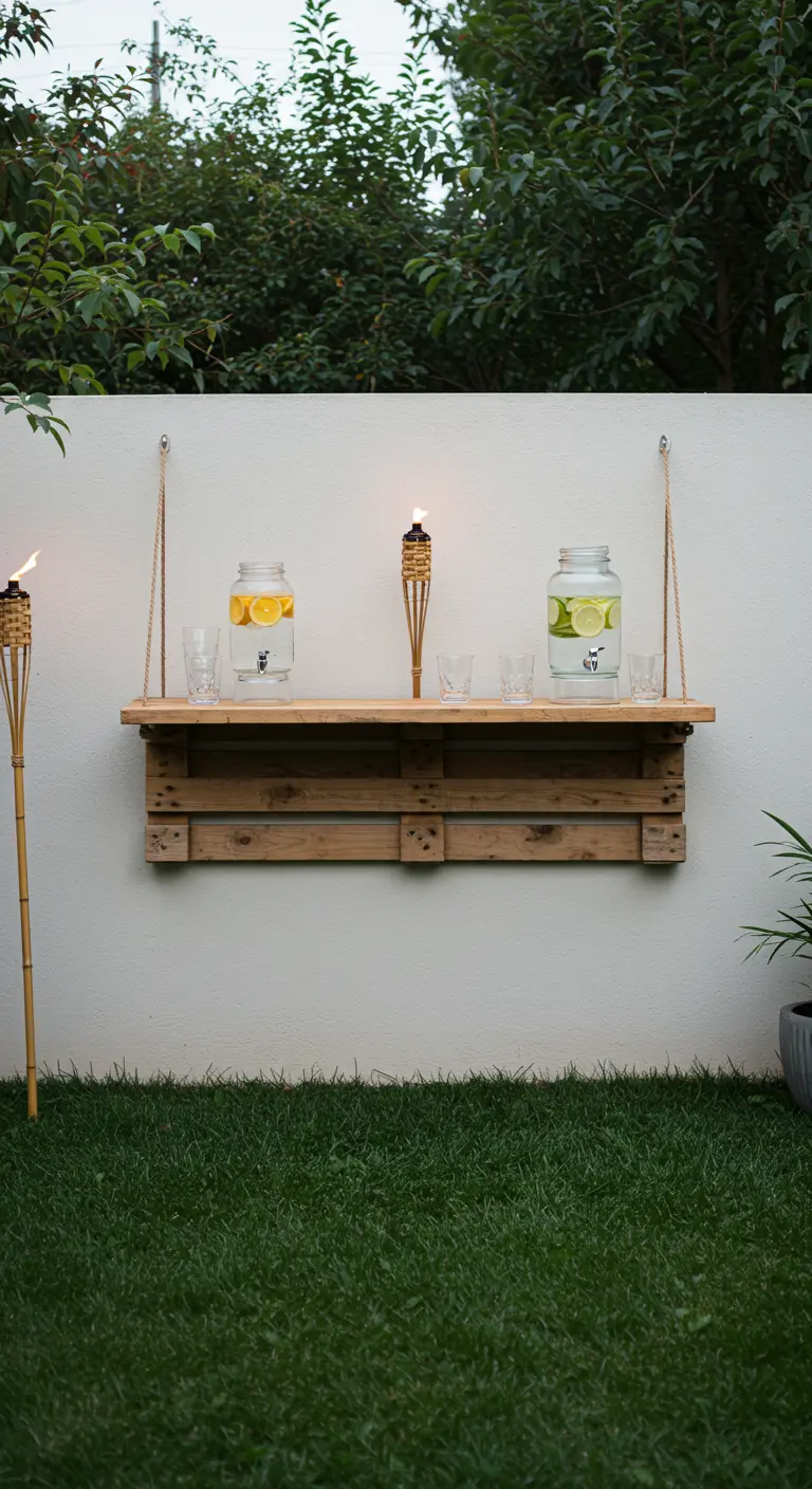 A natural wood pallet bar mounted on a white wall, flanked by tiki torches and serving infused water.