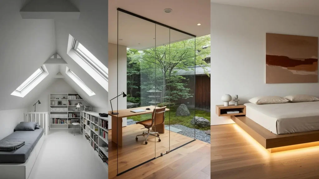 Three minimalist interior scenes: spacious attic, serene office overlooking garden, and calm bedroom with purposeful decor.