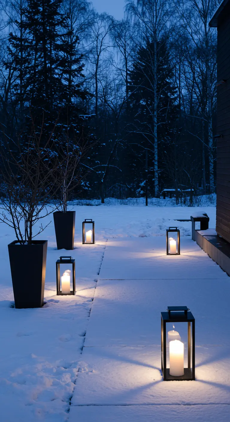 Modern black lanterns with candles casting a warm glow on a snowy modern patio.