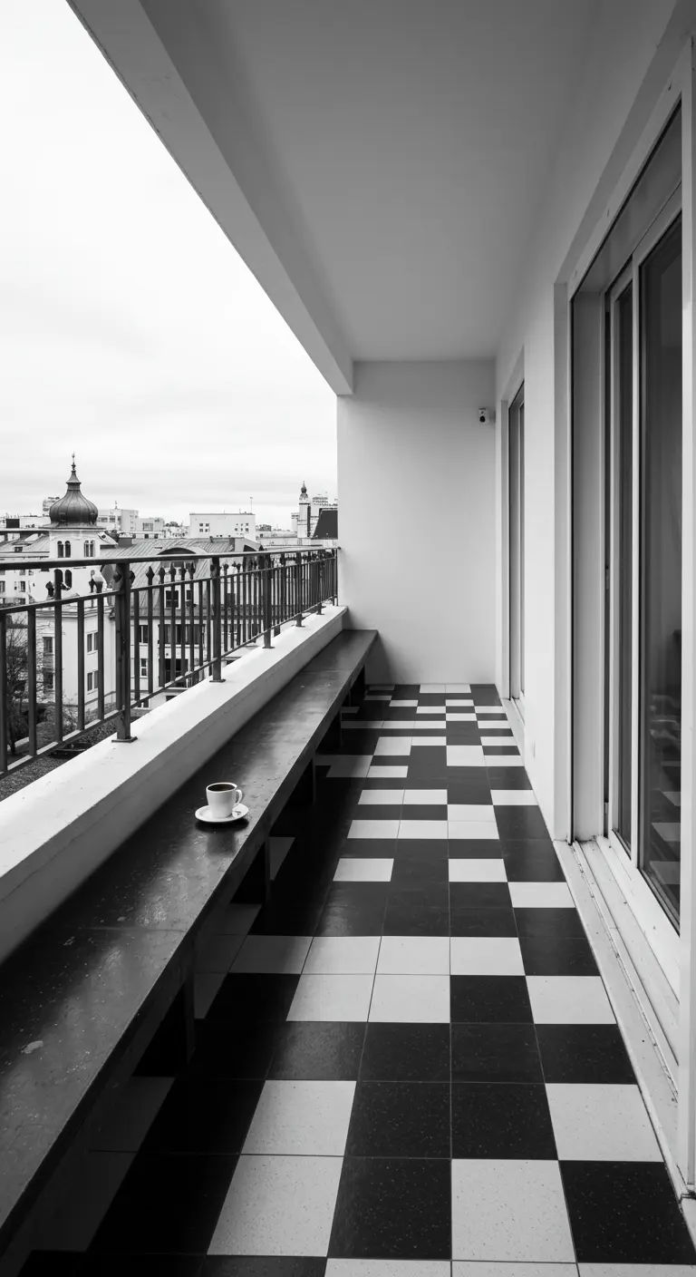 A modern, minimalist balcony with a black and white block pattern floor and a long, dark bench.