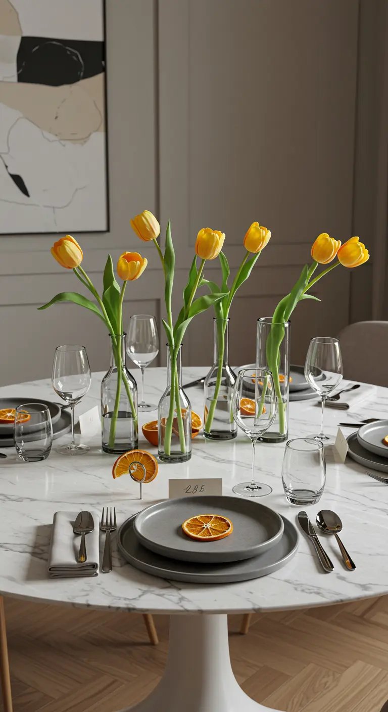 Modern marble table with grey plates, single yellow tulips in vases, and an orange slice place card holder.