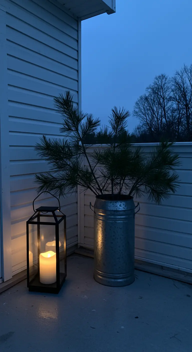 A single black lantern glows next to a metal milk can holding pine branches.