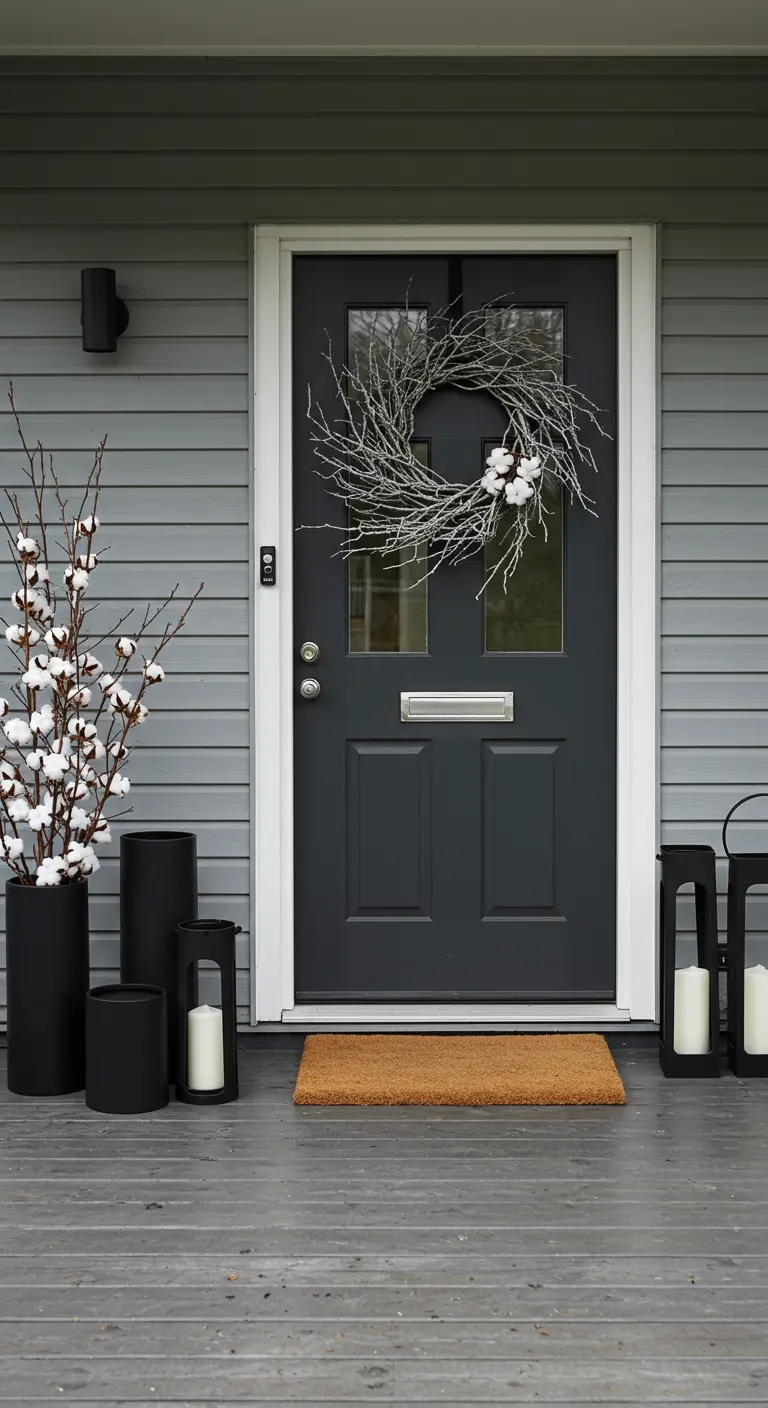 Gray door with a minimalist twig and cotton wreath and modern black lanterns.
