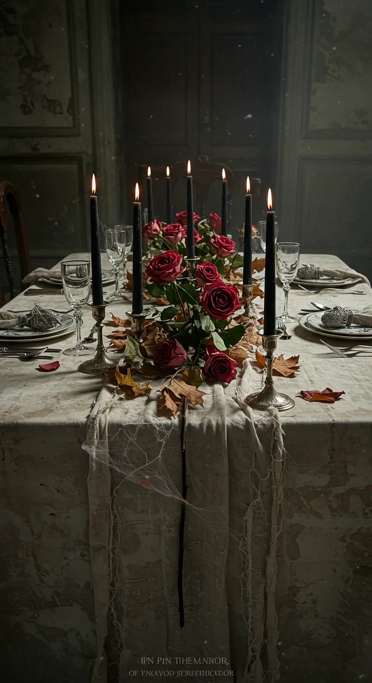 A decaying, elegant table setting with cobwebs, autumn leaves, red roses, and black candles.