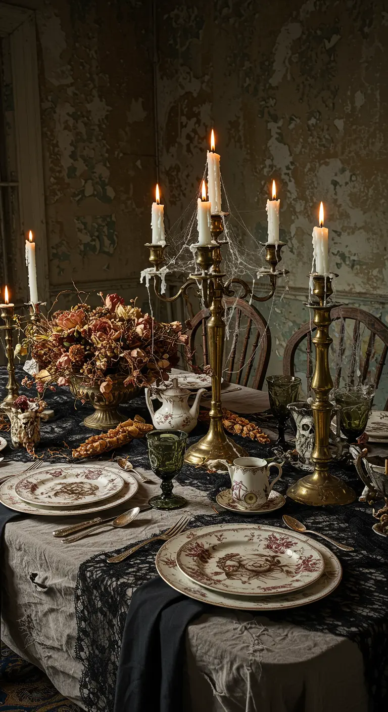 A decaying, haunted table with cobweb-covered candelabras and dried flowers.