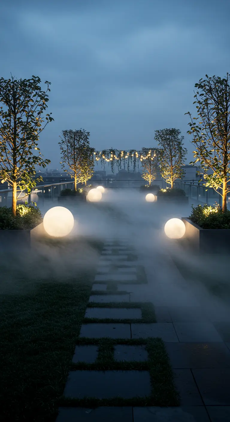 A misty garden path on a rooftop at twilight, with glowing orbs emerging from the fog.
