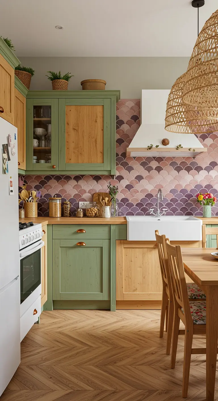 Kitchen with sage green and wood cabinets and a purple scalloped tile backsplash.