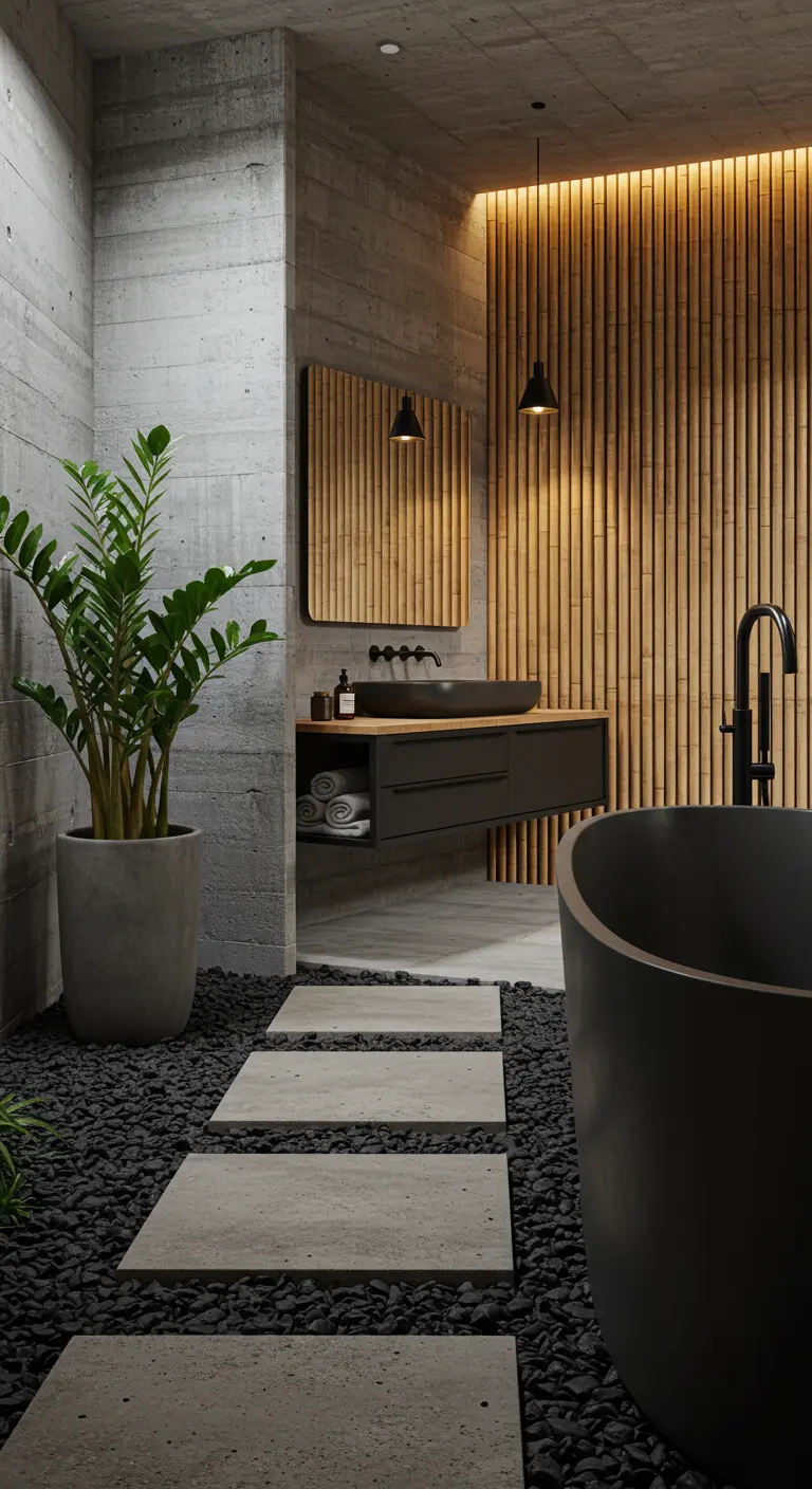 A modern bathroom combining concrete walls, a backlit wood slat wall, and a matte black tub.