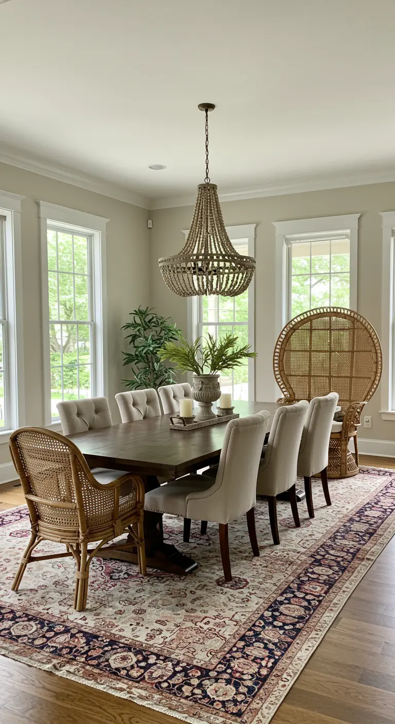 Dining room with upholstered side chairs and two large rattan peacock chairs at the ends.