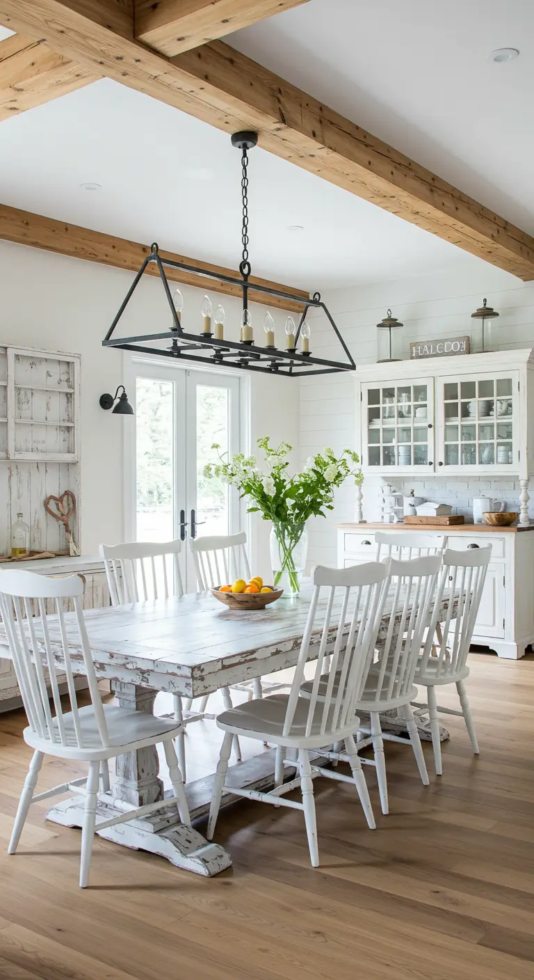 Farmhouse dining room with exposed ceiling beams and a large, distressed white dining set.