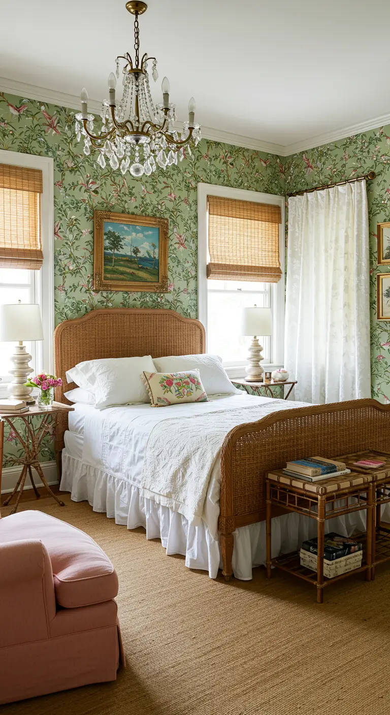 Bedroom with green floral wallpaper, a rattan bed, and a sisal rug.