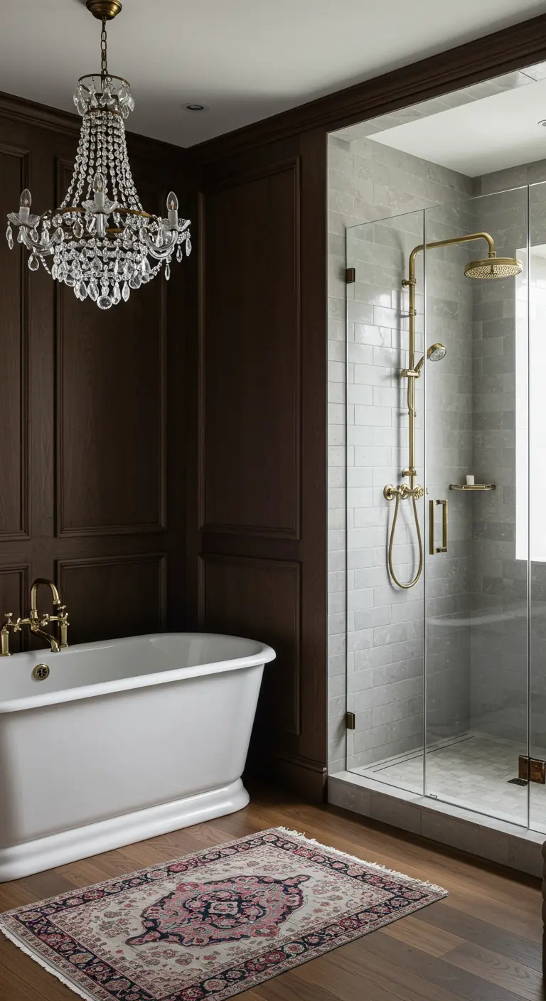 Traditional bathroom with dark wood paneling, a crystal chandelier, and a modern shower.