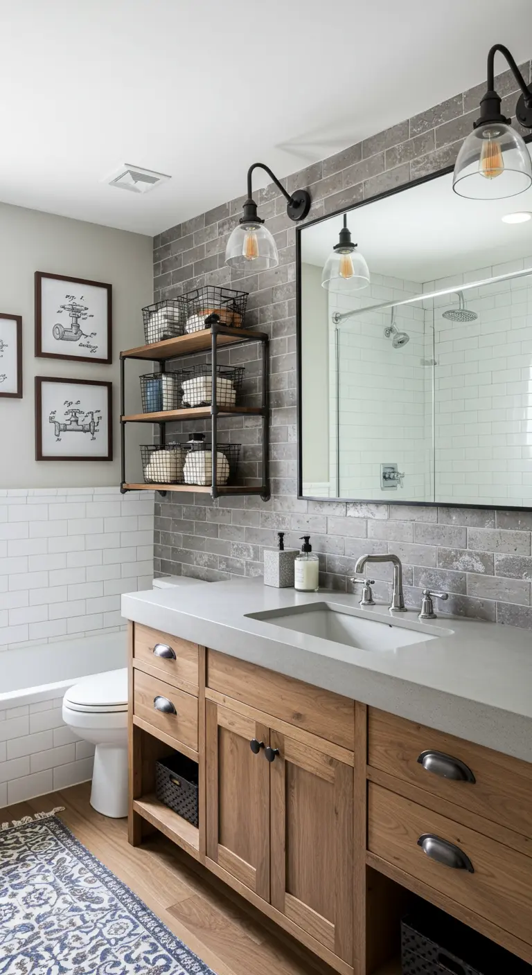 A bathroom blending grey tile, a wood vanity, and industrial-farmhouse lighting and decor.