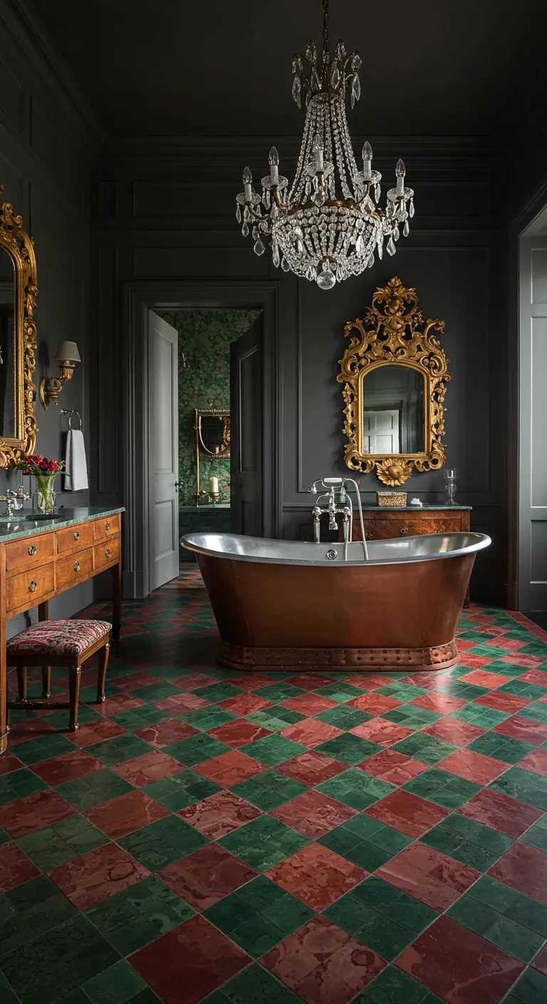 A grand bathroom with an emerald and ruby checkerboard tile floor and a copper freestanding tub.
