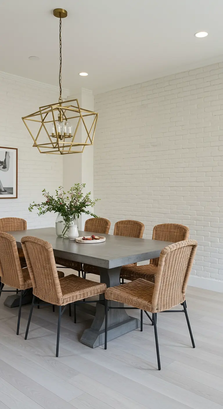 Dining room with a concrete table, wicker chairs with black legs, and a gold geometric chandelier.