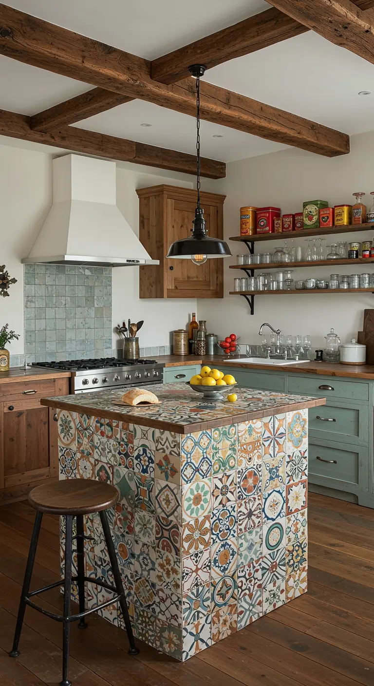 An eclectic kitchen with a colorful patchwork tile island, green cabinets, and rustic open shelving.