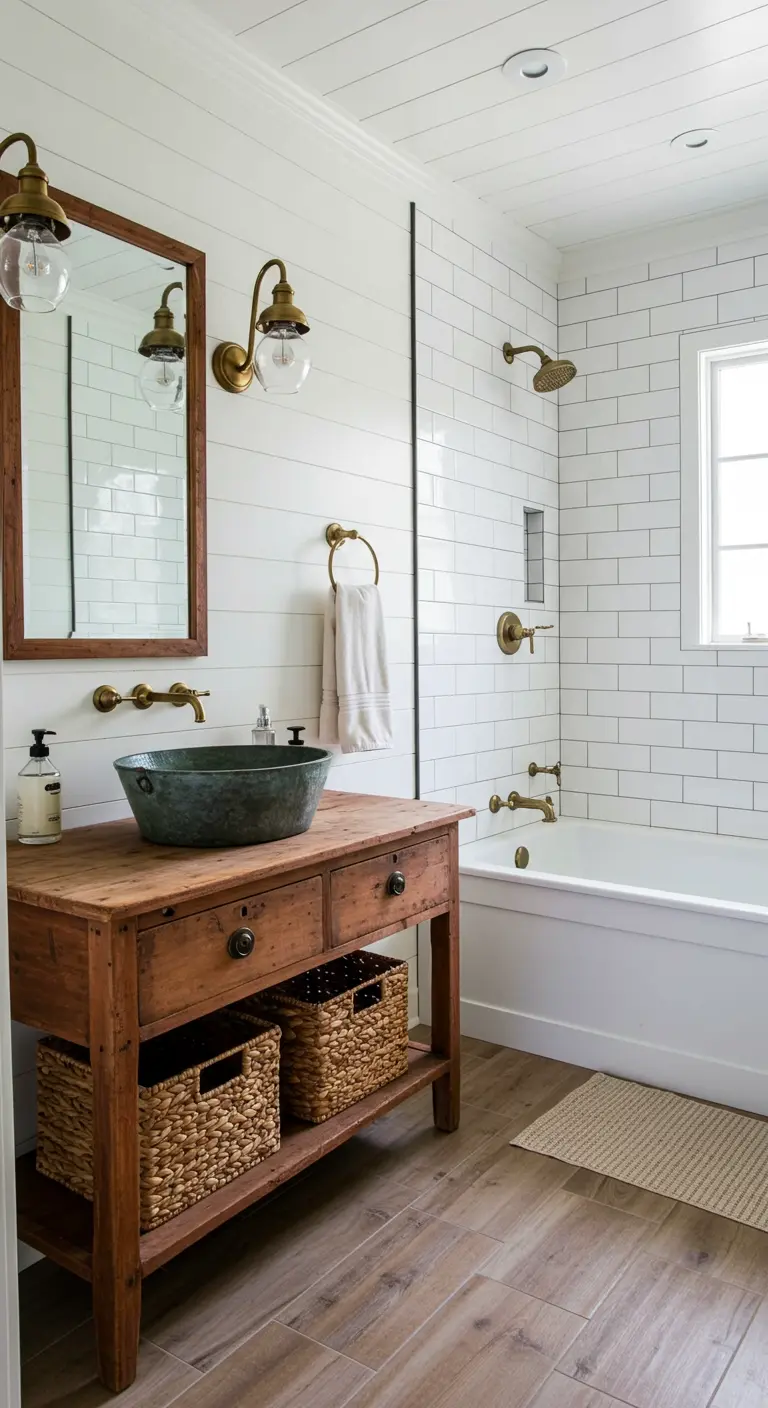 Farmhouse bathroom with white shiplap, a wood vanity, and mixed metal fixtures.