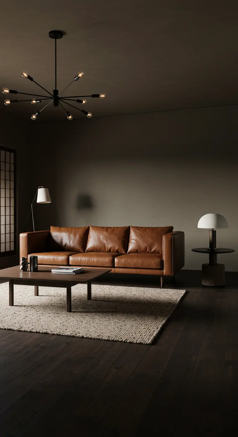 Dark-walled living room with a cognac leather sofa and a black sputnik-style chandelier.