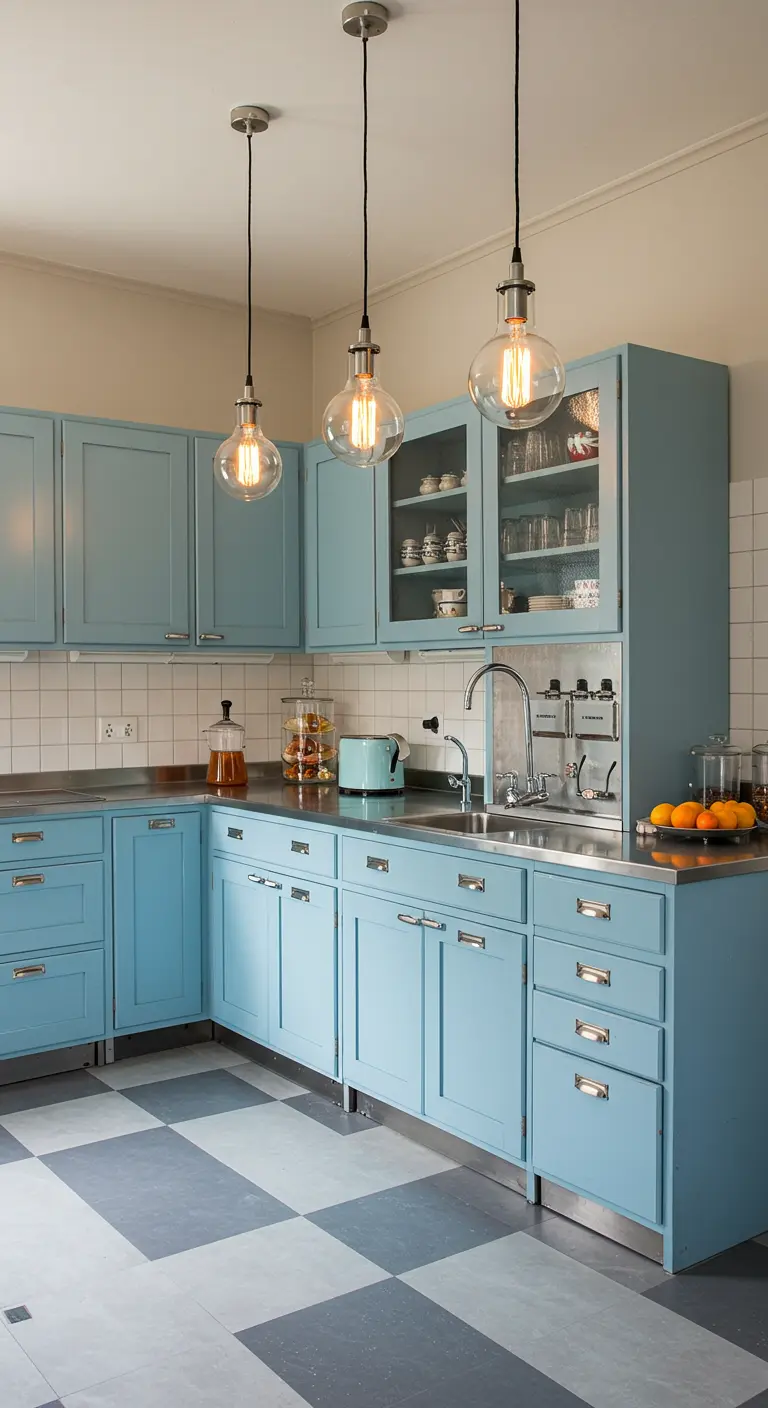 A retro kitchen with light blue cabinets, stainless steel countertops, and Edison bulb pendants.