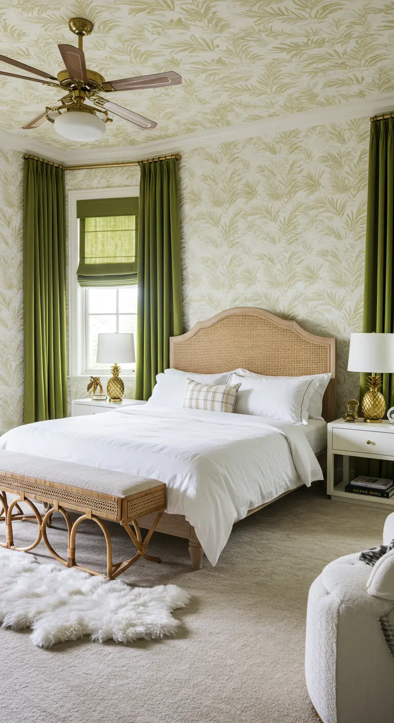Bedroom with a rattan headboard, olive green curtains, and palm-leaf wallpaper.