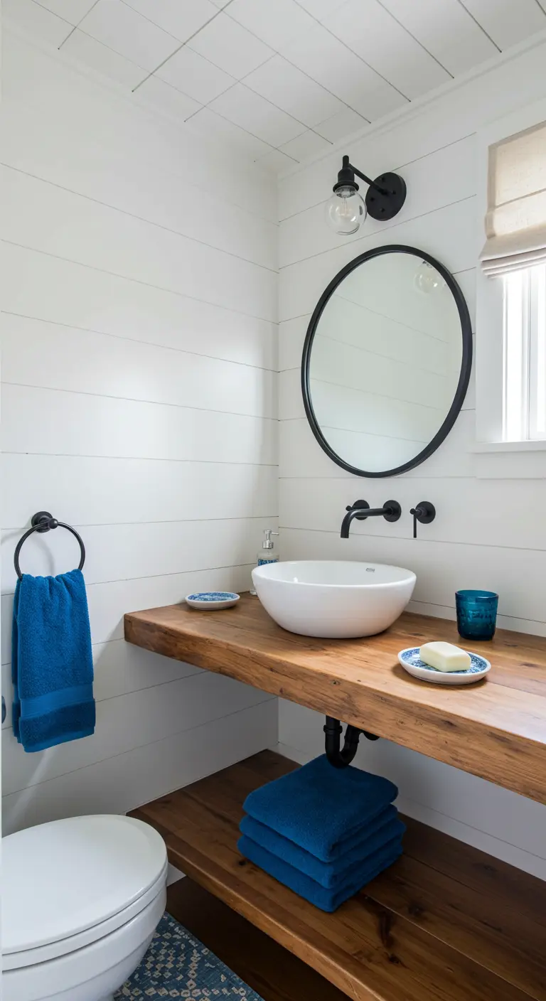 Small bathroom with shiplap walls, a floating wood vanity, and matte black fixtures.