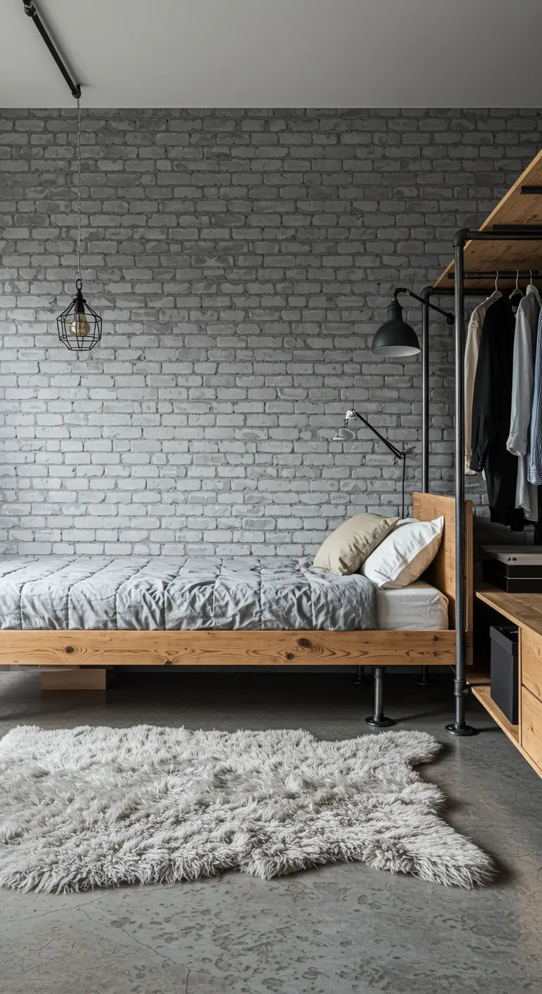 Industrial bedroom with a grey brick wall, pipe clothing rack, and sheepskin rug.