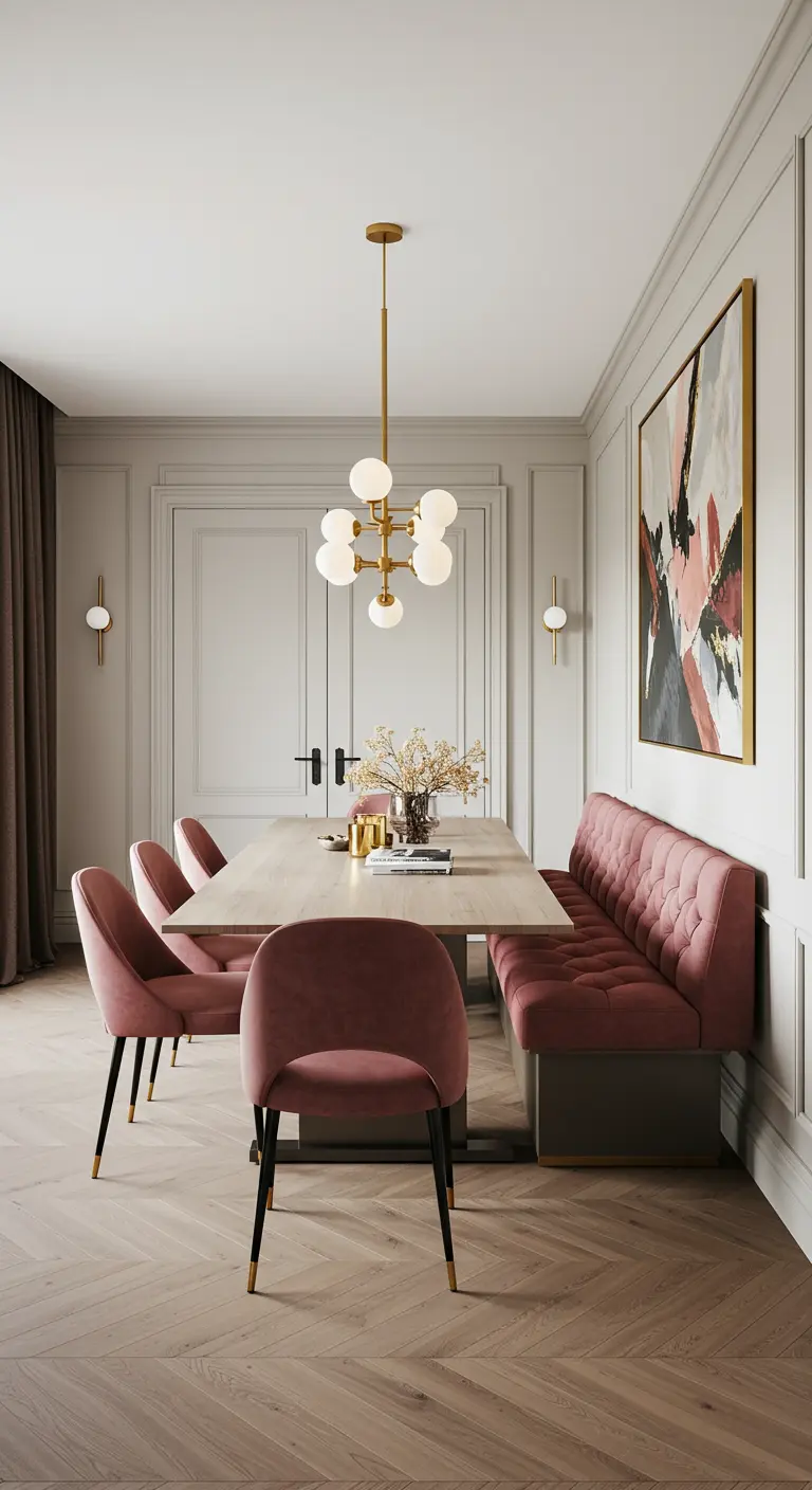 Dining area with a dusty rose velvet banquette on one side and matching chairs on the other.