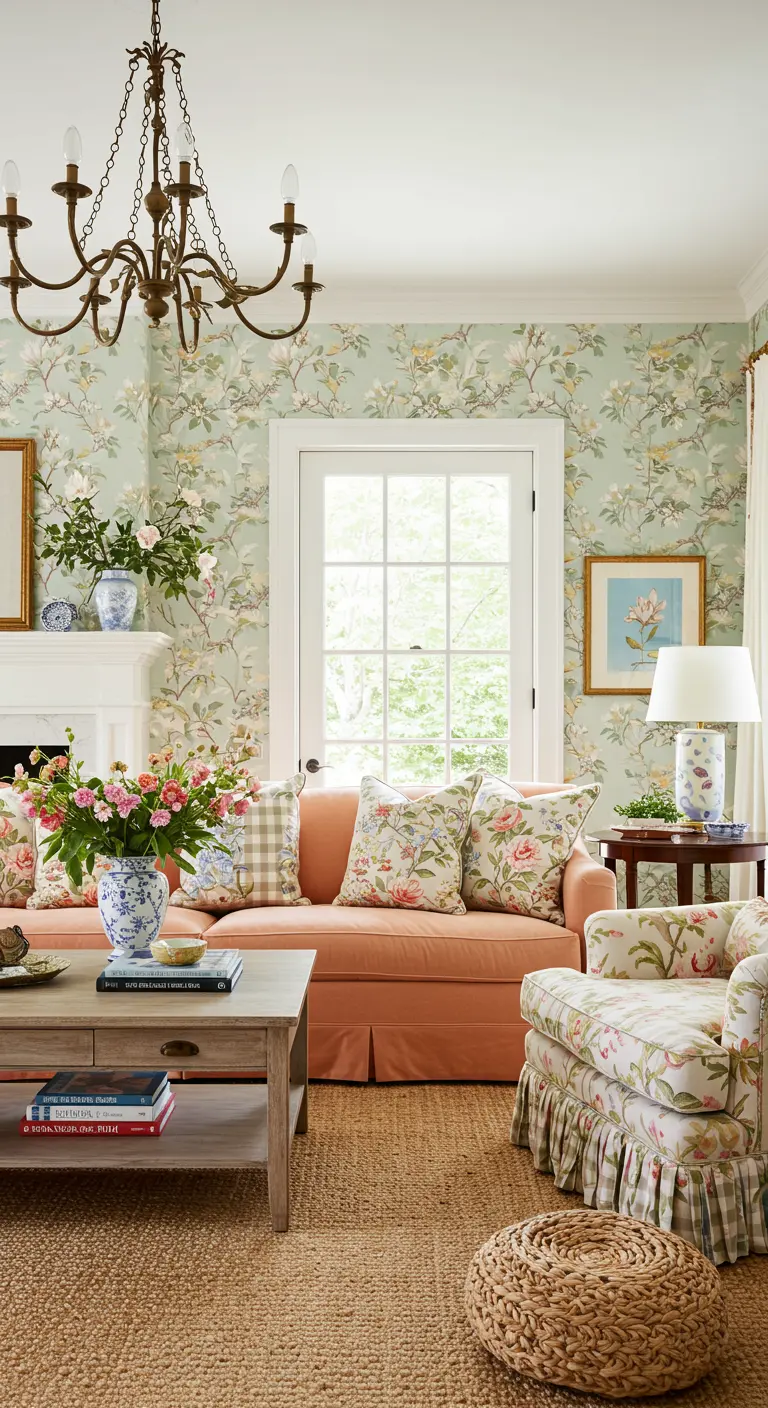 Peach sofa with floral and gingham pillows in a room with light green floral wallpaper.