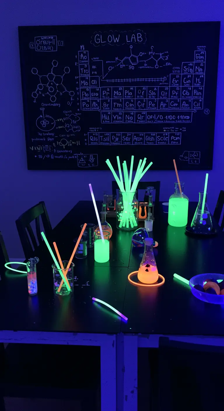 A 'Glow Lab' party table with glowing drinks in beakers and a chalkboard with formulas.