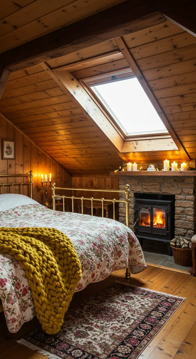 Attic bedroom with a brass bed, floral quilt, and a small fireplace under a skylight.