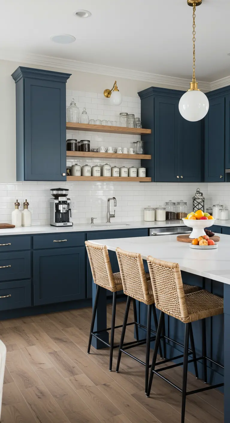 Navy and white kitchen with woven bar stools and a simple globe pendant light.
