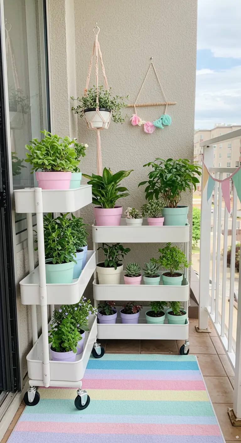 White rolling carts holding pastel planters on a balcony with a rainbow rug.